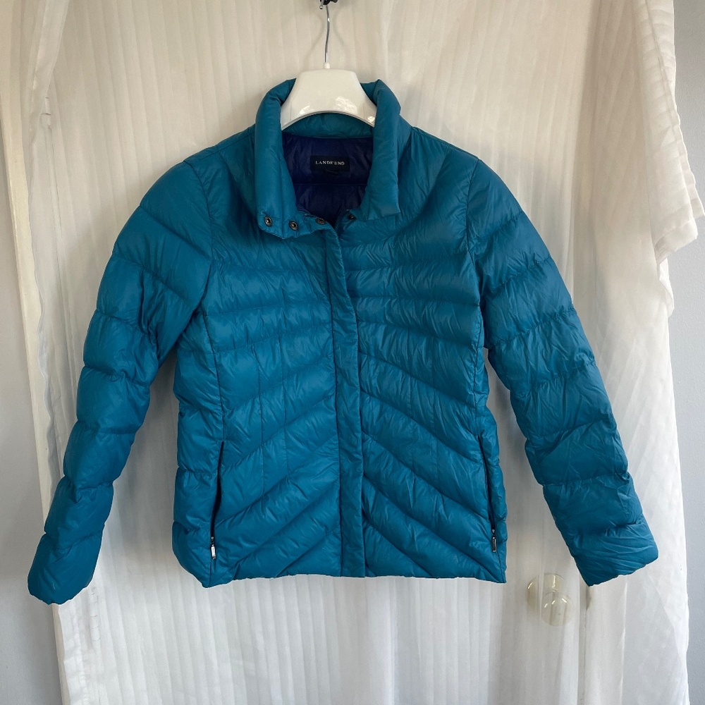 Lands End Down Puffer Quilted Jacket, Snaps & Zips, Petite Medium